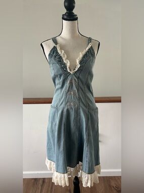 Oyrosy Boho Lace Denim Retro Dress Size Small